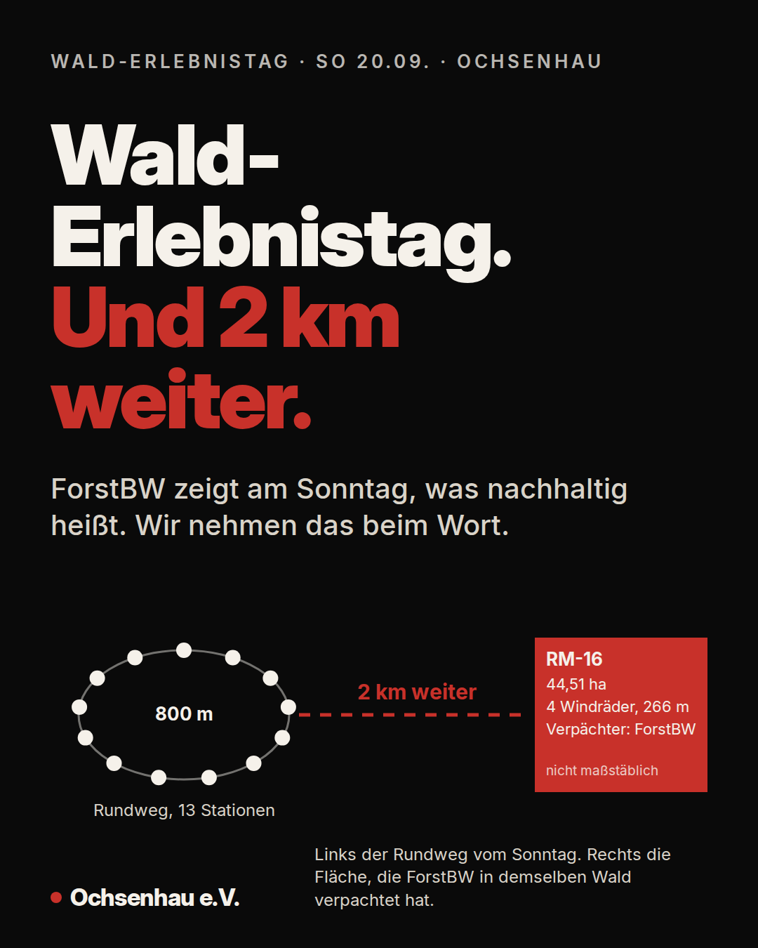 Links der Rundweg vom Sonntag, 800 Meter, 13 Stationen. Rechts die Fläche RM-16, die ForstBW in demselben Wald verpachtet hat.